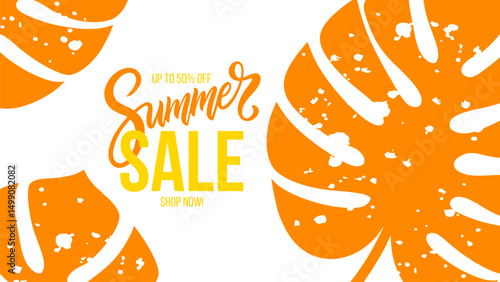 Summer Sale. Summertime season sale commercial banner with orange tropical leaves for retail, summertime seasonal shopping, sale promotion and advertising. Vector illustration.