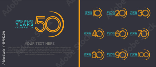 logo anniversary set. blue and yellow color with swoosh on black background for special event