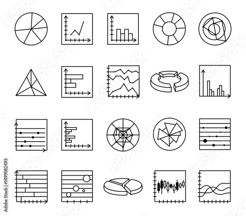Data visualization chart set with graphs line diagrams bar plots radar webs network analytics pyramid triangles coordinate points and finance elements for reports