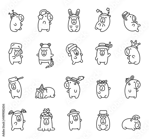 Capybara wearing funny hats with heart, antennae, bunny ears, star decorations, flower accessories, winter earmuffs, crown, frying pan, panama, baseball cap, for celebrations