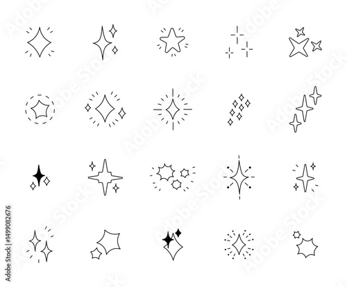Decorative sparkling star set with different shapes for use in glowing and magical dreamy themed design projects for your creative illustrations