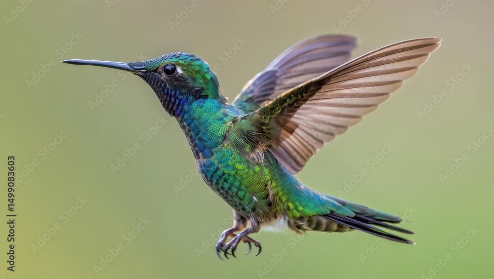 Fototapeta premium Vibrant hummingbird in flight showing iridescent green and blue plumage