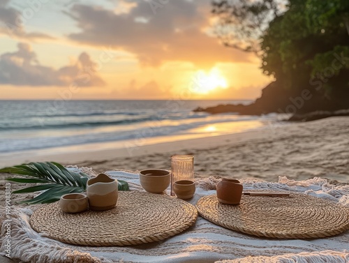 Enjoying a beach picnic at sunset with reusable tableware, embracing sustainability amidst a stunning natural backdrop.