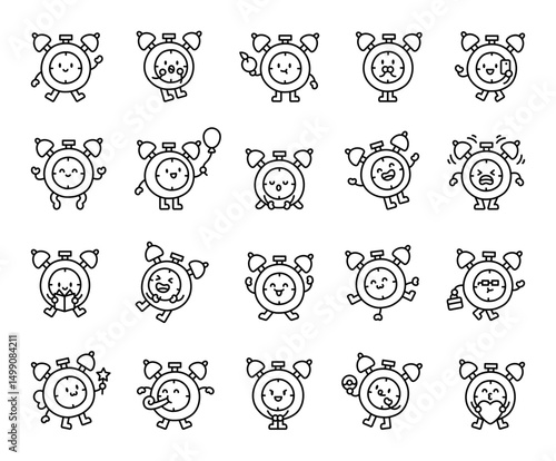 Alarm clock character set with funny emotions charming activities smiling reactions friendly poses adorable moods, holding objects and positive situations for your creative projects