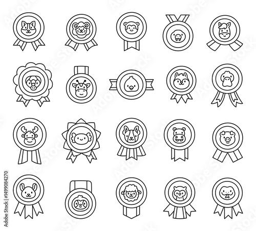 Cute animal medal set of wolf, lion, monkey, walrus, horse, armadillo, giraffe, chick, squirrel, duck, moose, axolotl, dog, hippo, pig, mouse.
