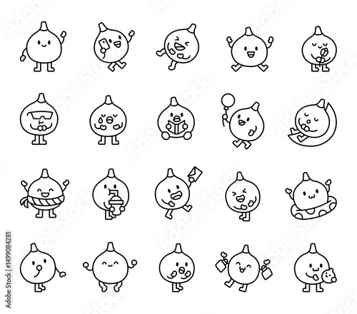 Fig character set featuring adorable characters smiling, greeting, holding smartphone, balloon, reading book, sleeping on moons, and celebrating cheerful moments for creative designs