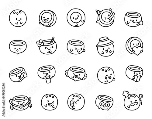 Coconut fruit character set showing smiling emotions, mug, party celebrations, romantic hearts, selfie moments, magical fairy wings, halloween costumes and chef cooking