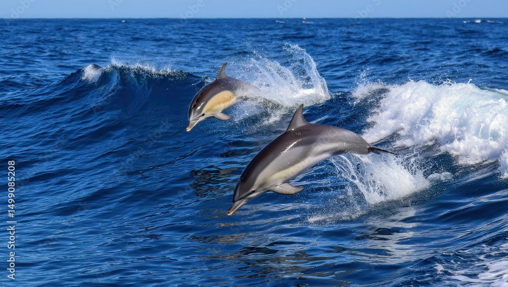 Fototapeta premium Two dolphins leaping from the ocean waves in a display of nature