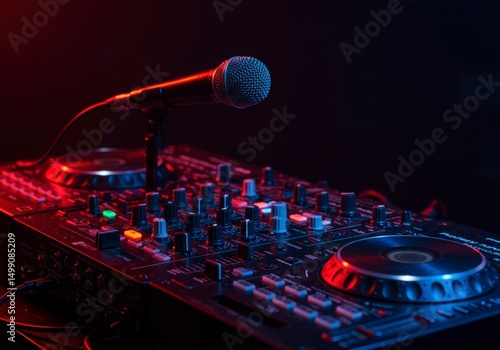 Microphone on Audio Mixer for Dj Set Up in Dark Studio