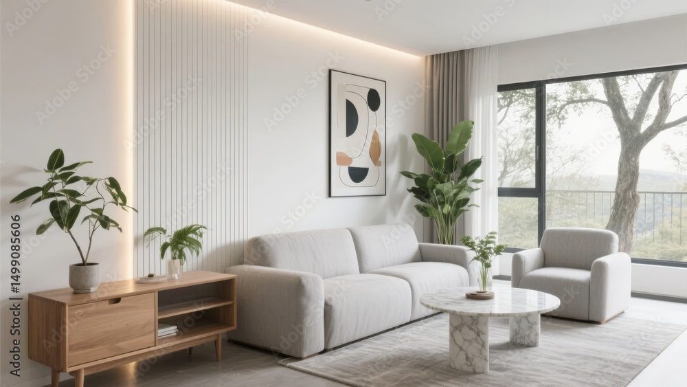 Fototapeta premium Modern Living Room with Minimalist Design and Indoor Plants