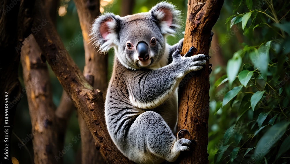 Fototapeta premium Koala climbing a tree in its natural habitat in the forest
