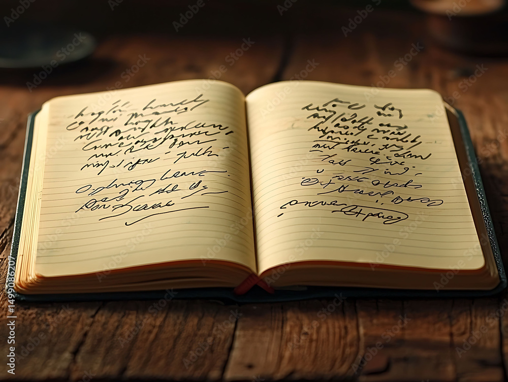 Obraz premium Vintage notebook open on rustic wooden surface, filled with handwritten cursive notes. Evokes feelings of nostalgia, creativity, and journaling.