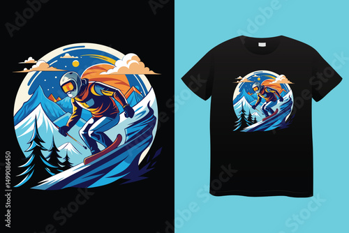 Snowboarding Illustration in Mountain Winter Landscape – Extreme Sports Vector Art.