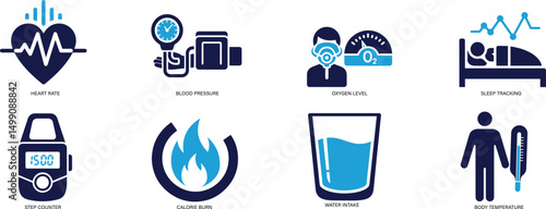 Health Monitoring Icons Heart Rate, Sleep, Calorie, Oxygen, and More