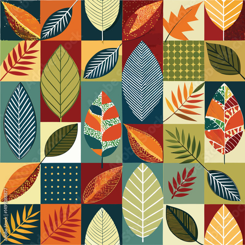 Patchwork Leaves Seamless Pattern – Vector Art and Botanical Illustration for Fabric and Design


