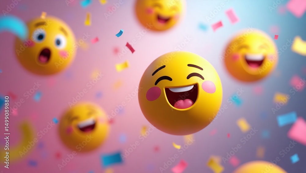 Naklejka premium Fun and Colorful Emoji Faces Representing Friendship - Cheerful Emoji Group Illustration with Confetti