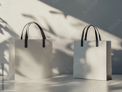 Two off-white paper shopping bags with black handles stand on a light surface, backlit by sunlight casting leaf shadows on the bags and background