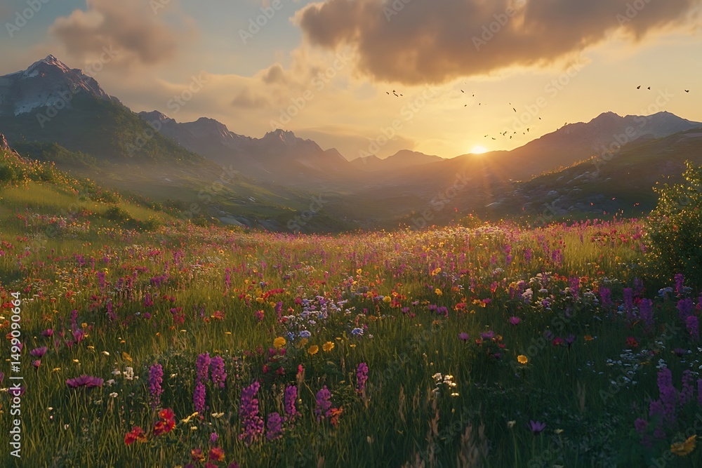 Fototapeta premium A serene landscape at sunset, filled with colorful wildflowers and majestic mountains.