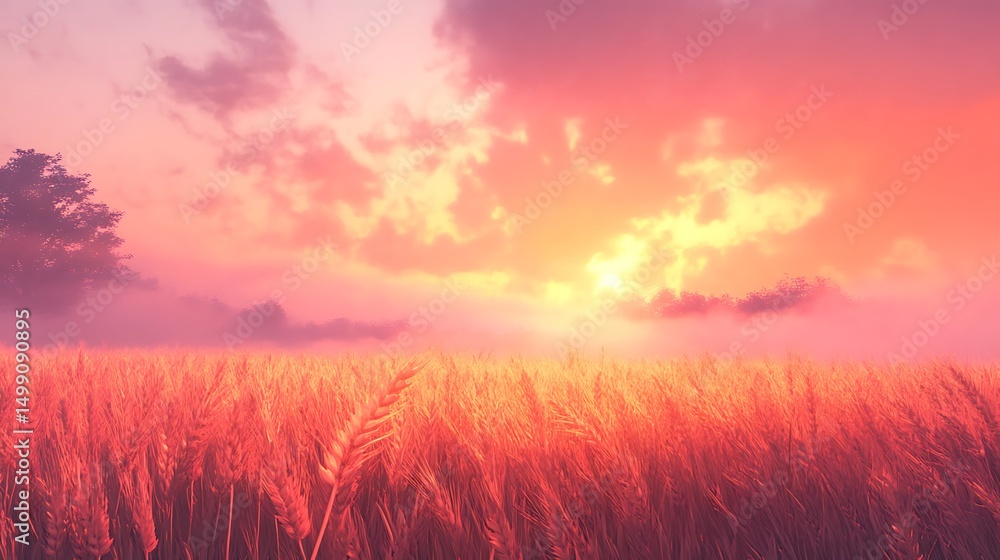 Fototapeta premium A serene sunset over a golden wheat field, creating a tranquil and picturesque landscape.