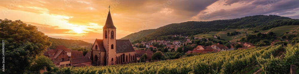 Medieval Church of Saint-Jacques-le-Major in Hunawihr at Sunset, Alsace-France landscape Medieval Church of Saint-Jacques-le-Major in Hunawihr at Sunset, Alsace-France landscape