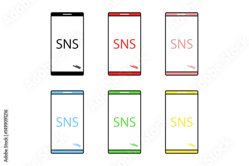 画面にSNSの文字が書かれたスマホのバリエーションイラスト
