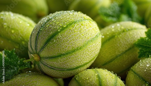 Fresh green melons with dew drops on their surface.