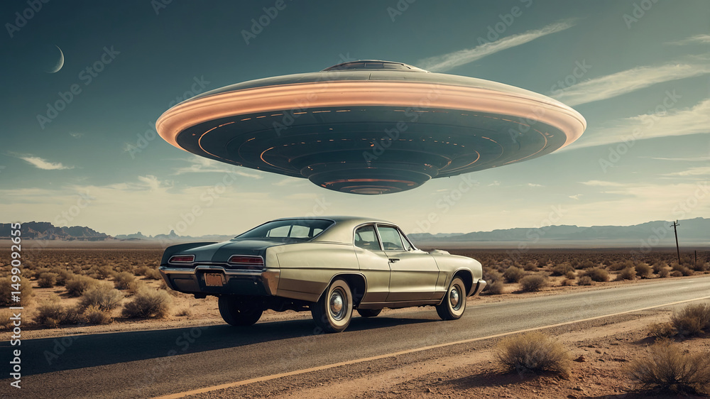 Retro car parked on desert road under hovering orange-lit ufo in twilight sky, nostalgic alien fiction scene, World UFO Day Retro car parked on desert road under hovering orange-lit ufo in twilight sky, nostalgic alien fiction scene, World UFO Day