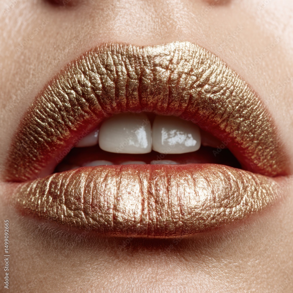 Fototapeta premium Golden Shimmering Lips Makeup Closeup Glamorous Beauty Shot
