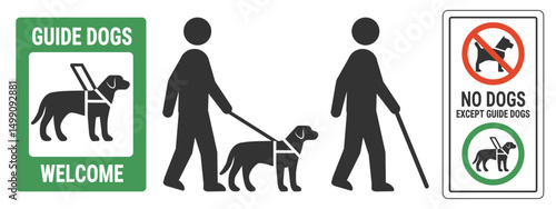 Guide dog welcome signs. Vector illustration of blind man with guide dog. Service animals and guide dogs allowed and welcome labels and sticker templates. Vector.