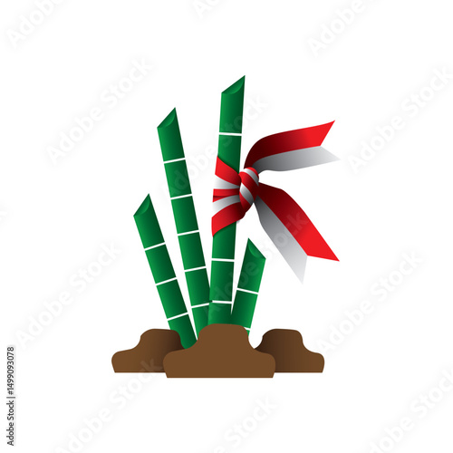 Indonesian Bamboo Pole Flag: A vibrant bamboo pole stands decorated with the Indonesian flag, celebrating independence day with a touch of festive patriotism.