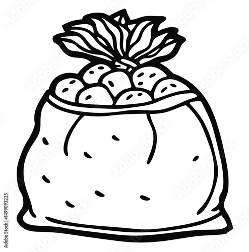 A simple line drawing of a fabric sack filled with round objects, possibly potatoes. The sack has a gathered top tied with a leafy closure. The design is suitable for coloring or illustration purposes