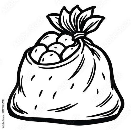 An illustration of a burlap sack filled with vegetables, likely potatoes or fruits. The top of the sack is cinched with a knot, and pointed leaves are depicted at the opening, giving it a rustic look