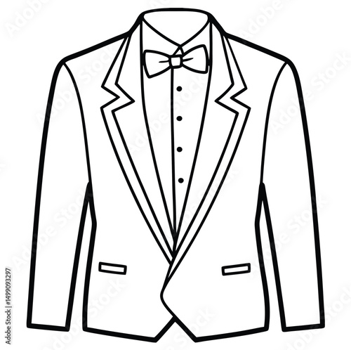 An illustration of a formal tuxedo, featuring a jacket with a shawl collar, a bow tie, and a button-up shirt underneath. The jacket has two front pockets and is designed without visible arms or a head
