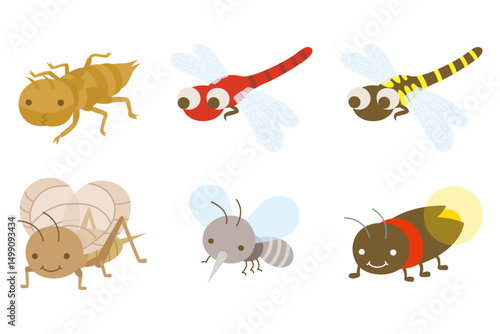 Playful Insect Characters: Dragonfly, Wasp, Cricket in Warm Cartoon Style for Kids' Nature Education