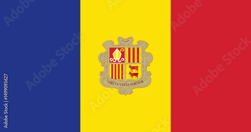 national flag of andorra with coat of arms, vertical tricolor blue yellow red, official state symbol