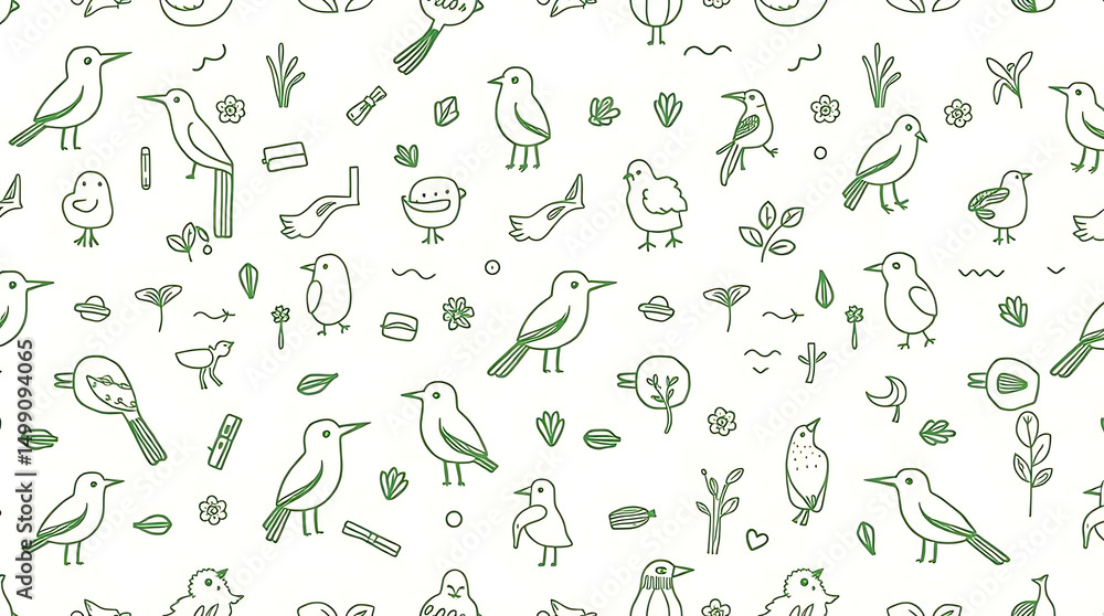 Naklejka premium Bird Sketch Pattern Green Line Art on White