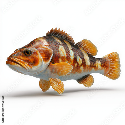 Calico Bass 3D Render: A detailed 3D render of a calico bass, showcasing its vibrant orange, brown, and white stripes, intricate scales, and powerful physique. 
