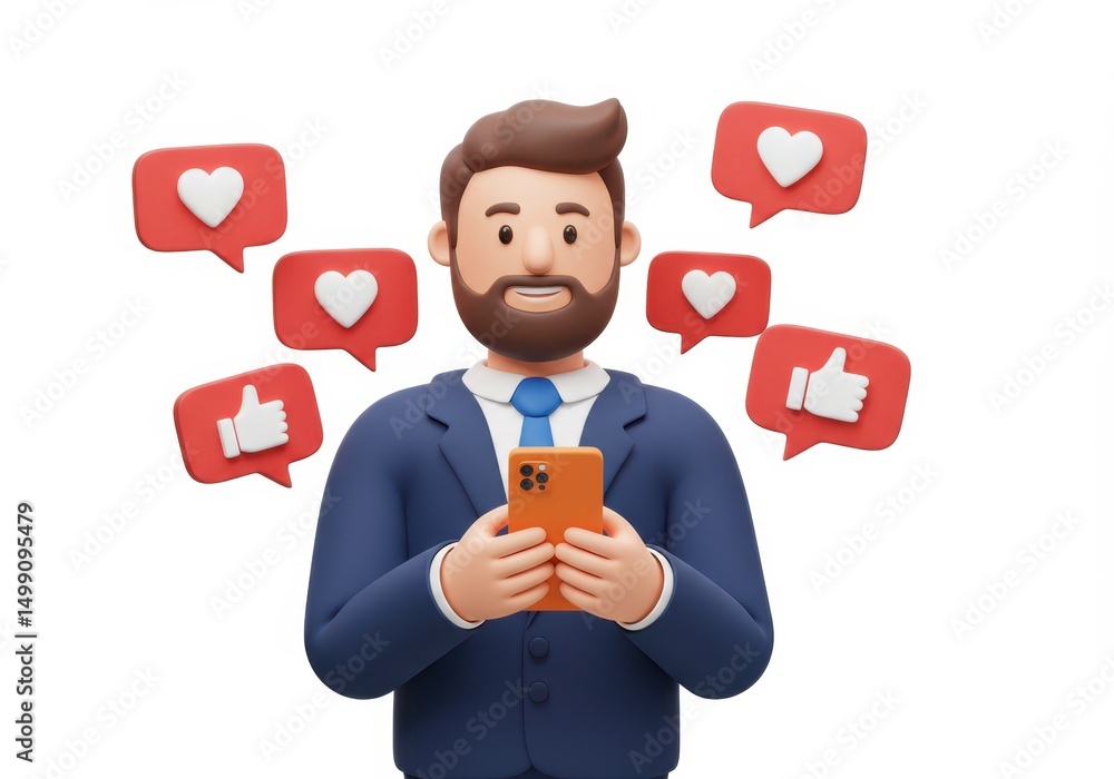 3D Illustration of Cartoon man using smartphone surrounded by social media icons isolated on white background 3D Illustration of Cartoon man using smartphone surrounded by social media icons isolated on white background