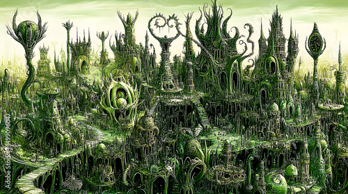 Verdant Metropolis: A sprawling, organic city with intricate, pl