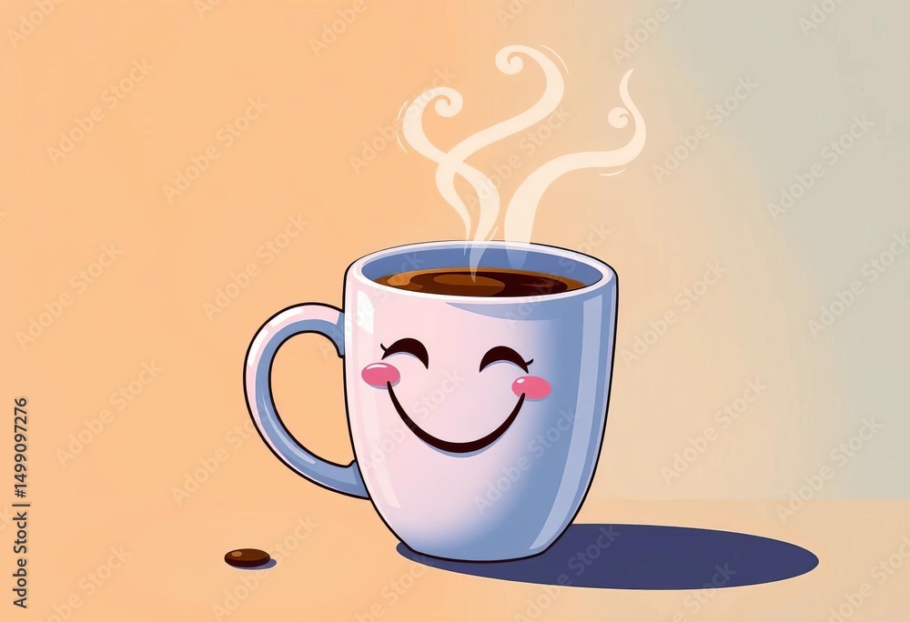 Obraz premium Smiling coffee cup cartoon, steaming mug vector illustration, barista, illustration