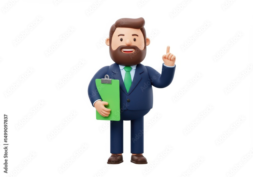 3D Illustration of Cartoon businessman in suit holding clipboard isolated on white background 3D Illustration of Cartoon businessman in suit holding clipboard isolated on white background
