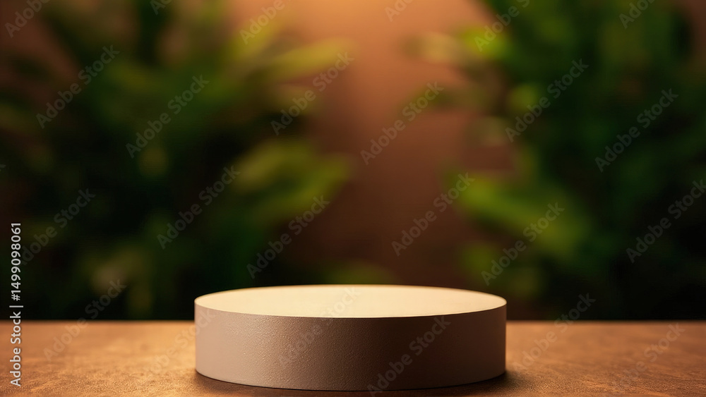 Minimalist product presentation featuring a beige podium on a wooden surface with blurred greenery Minimalist product presentation featuring a beige podium on a wooden surface with blurred greenery