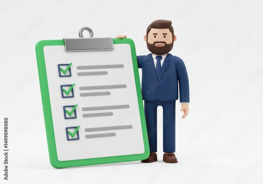 3D Illustration of Cartoon man holding clipboard with check marks isolated on white background 3D Illustration of Cartoon man holding clipboard with check marks isolated on white background