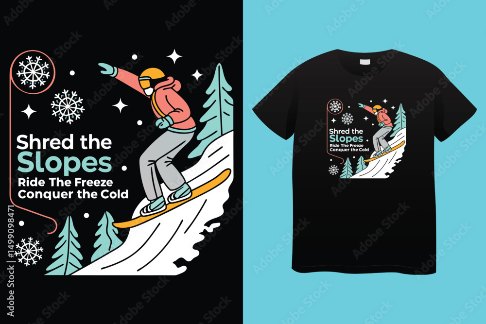 Cool Snowboarding Guy in Alpine Mountains – Adventure Vector T-shirt Art, Extreme Snowboarding Illustration – Alpine Ski Resort Adventure, Downhill Snowboarder Racing in Winter Forest. Cool Snowboarding Guy in Alpine Mountains – Adventure Vector T-shirt Art, Extreme Snowboarding Illustration – Alpine Ski Resort Adventure, Downhill Snowboarder Racing in Winter Forest.