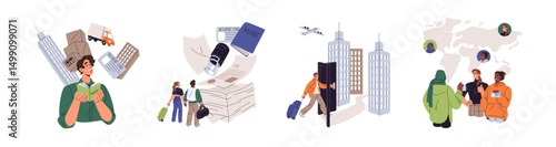 Residence permit and migration concept set. People get citizenship to be a resident of another country. Documents, passport for moving and live abroad. Flat isolated vector illustrations on white