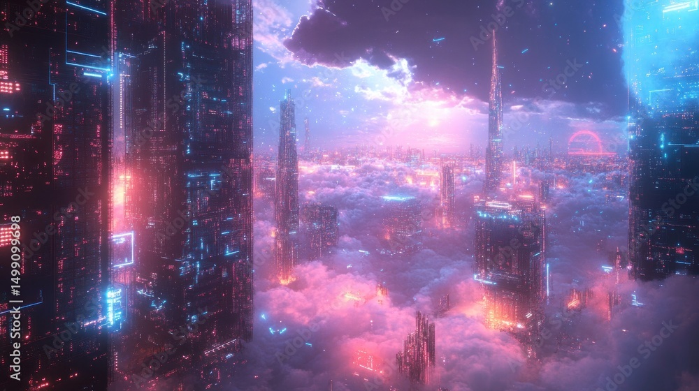 Fototapeta premium Futuristic cityscape above clouds
