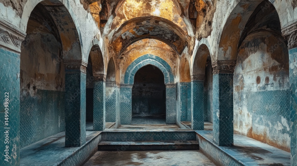 Obraz premium Ruins of an ancient bathhouse: Teal tiles, aged arches, and weathered walls, an evocative historical scene.
