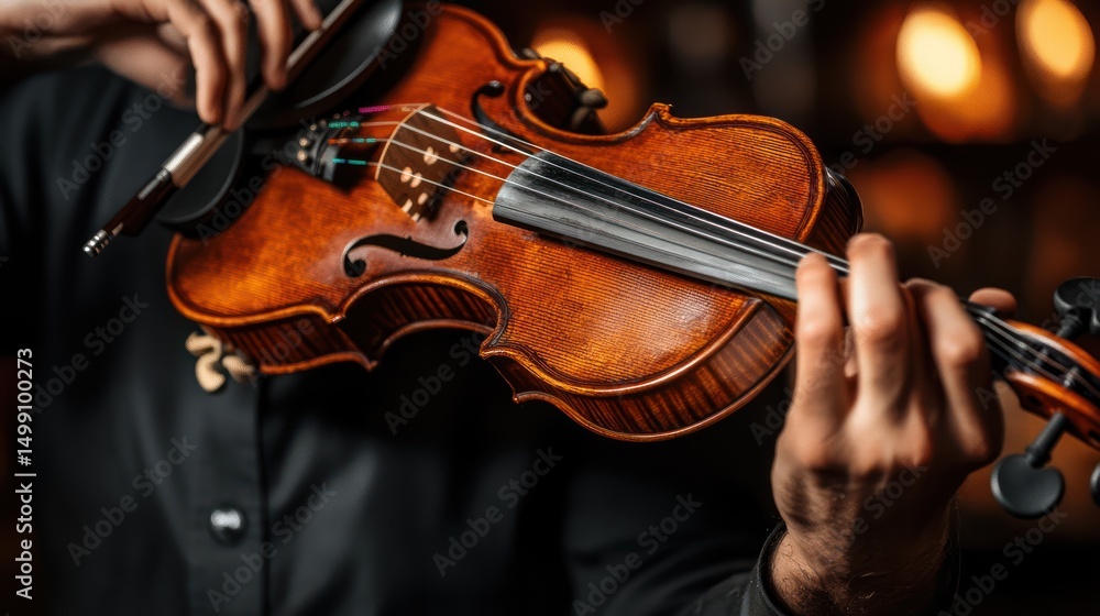 Violinist playing antique violin, close-up, warm-lit background, concert Violinist playing antique violin, close-up, warm-lit background, concert