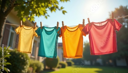 Wallpaper Mural Bright sunshine illuminates freshly laundered clothes hanging on a line to dry outdoors , domestic, fabric, clothes drying Torontodigital.ca