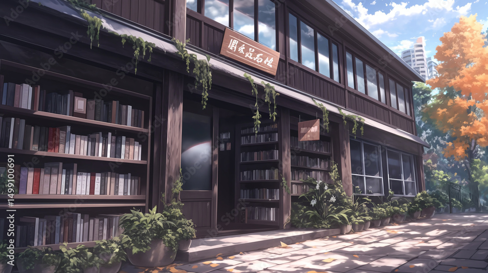 Obraz premium Charming Bookstore in a Peaceful Japanese Town